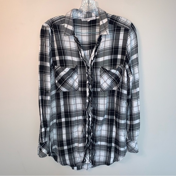 Cleo Black and White Plaid Ruffle Metallic Threading Button Down Shirt S - Picture 1 of 9